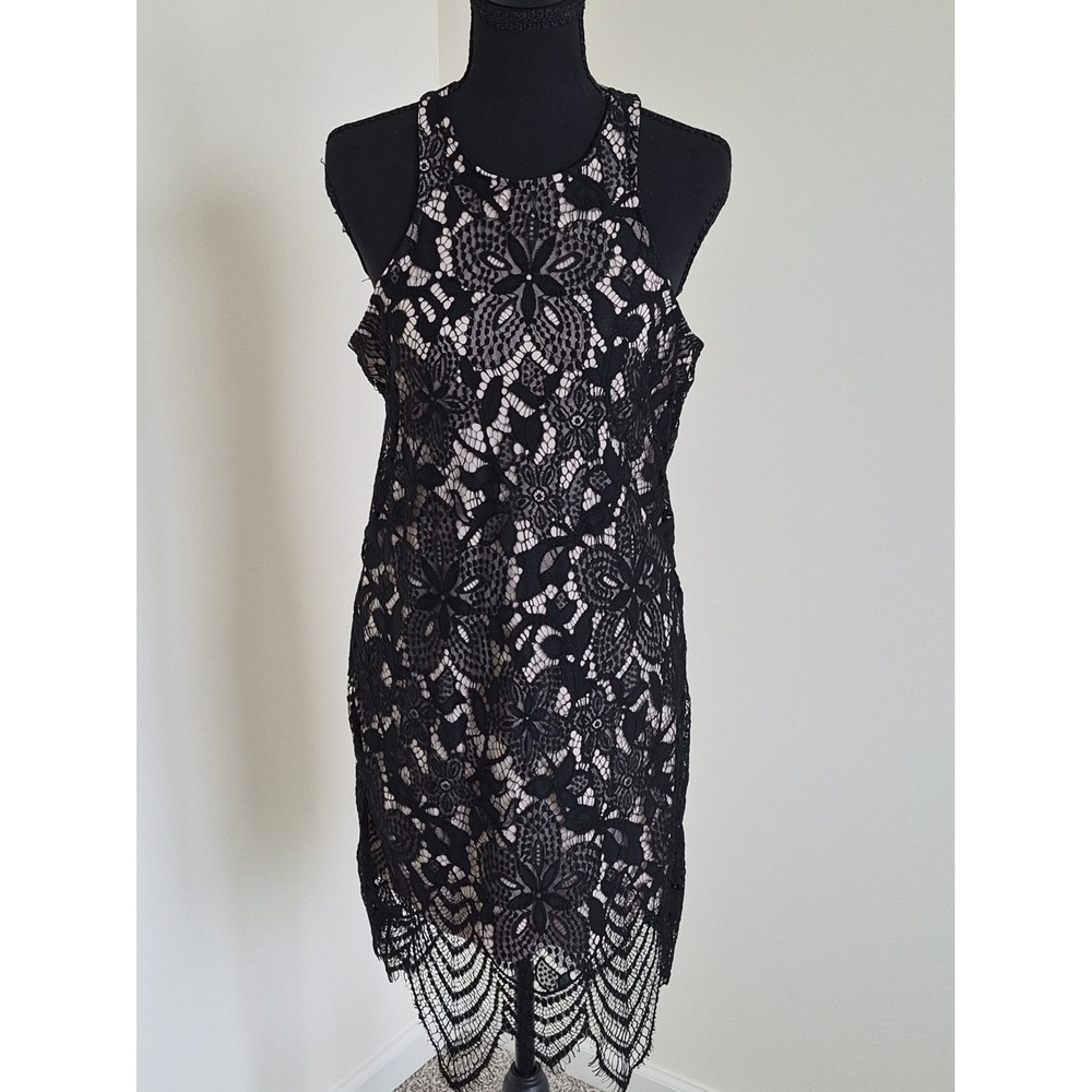 Black Floral Lace Nude Overlay Dress Size Small Petite Whimsigoth Romantic Chic